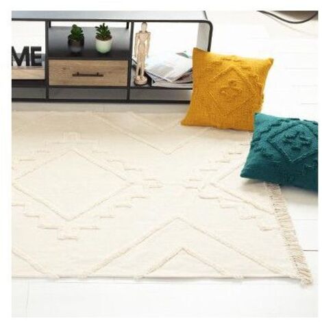 Atmosphera – Tapis kilim en coton ivoire 120 x 170 cm – Motif tufté – Franges décoratives – Pour salon et chambre