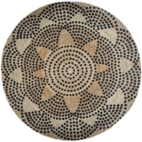 Tapis rond en jute à motifs ethniques Beige/Noir d 120 cm