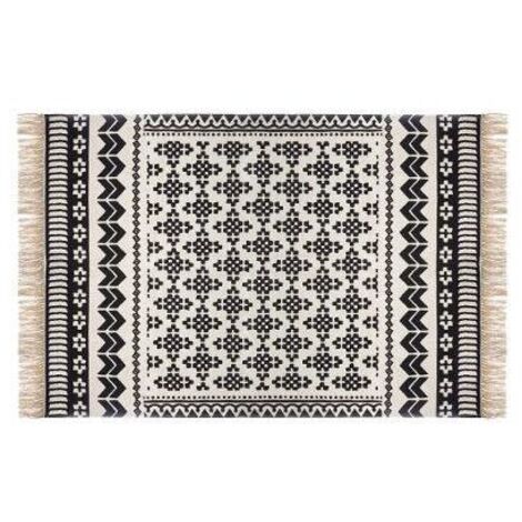 Atmosphera – Tapis shaggy en coton noir et écru 120 x 170 cm – Résistant à l'humidité – Finition franges – Motifs ethniques pour décoration intérieure