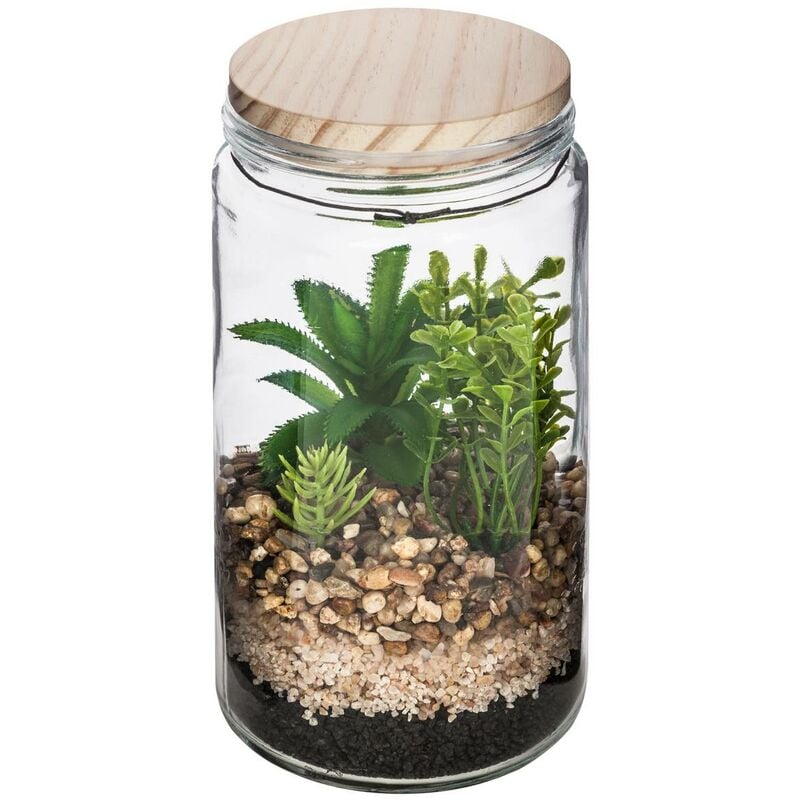 Atmosphera - Terrarium avec plante artificielle - pot en verre et couvercle en bois - H22 cm créateur d'intérieur - Modèle 2