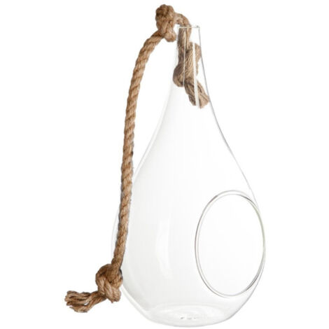 Atmosphera – Vase suspendu en verre transparent 25cm – Corde en jute – D. 12,5cm pour décoration intérieure – Idéal pour plantes et fleurs