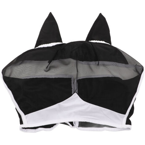 Atmungsaktive Fliegenmaske für Pferde mit elastischen Ohrschlaufen, abnehmbarem UV-Schutz, Schwarz