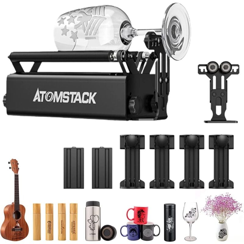 Atomstack - R3 Pro Rouleau de rotation laser, module de gravure laser à rouleau rotatif en aluminium à 360 ° avec 2 tiges de support, 4 patins de