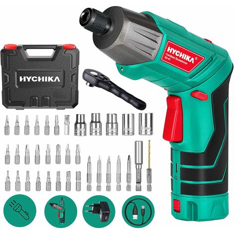 Atornillador Eléctrico 6N.m, HYCHIKA Destornillador Inalámbrico (Máximo Par 6 N.m, 3.6V, 2.0Ah) LED Luz como Linterna, Llave de Trinquete, Cargador con Cable USB, 36 Accesorios, Estuche portátil