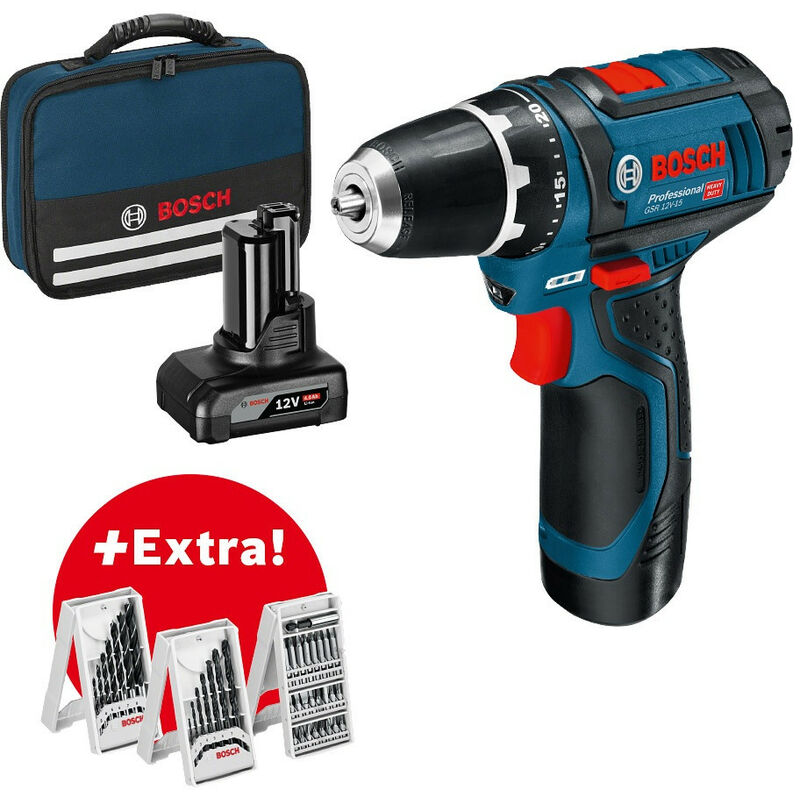 

Bosch - Taladro/atornillador a batería 12 V Li-ion 2,0 Ah / 4,0 Ah 30 Nm + 39 accesorios en bolsa de herramientas - GSR 12V-15 Professional