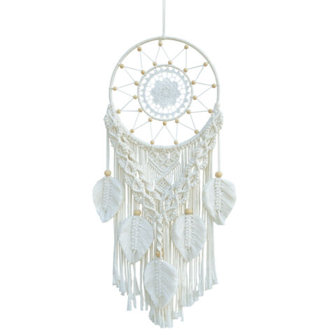 Atrapasueños de macramé para dormitorio, tapiz bohemio de hojas tejidas, tapiz de hojas de cuerda de algodón tejido a mano con colgante de encaje, decoración bohemia para el hogar.