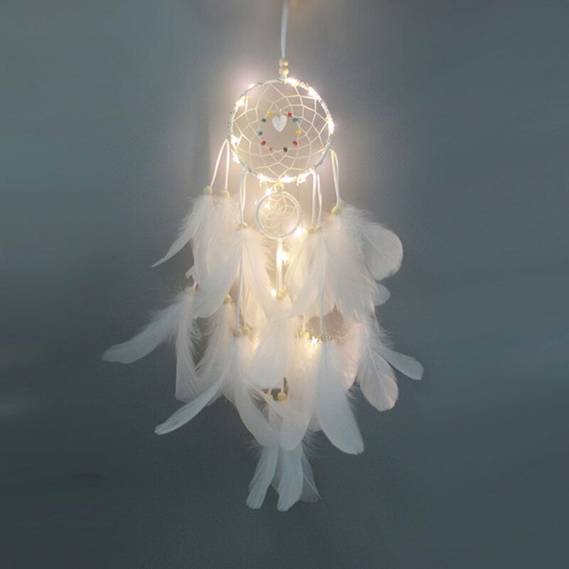 

Happyshopping - Atrapasuenos de plumas con luz LED, portatil, hecho a mano, para colgar en la pared, decoracion, accesorio de fotografia, habitacion,