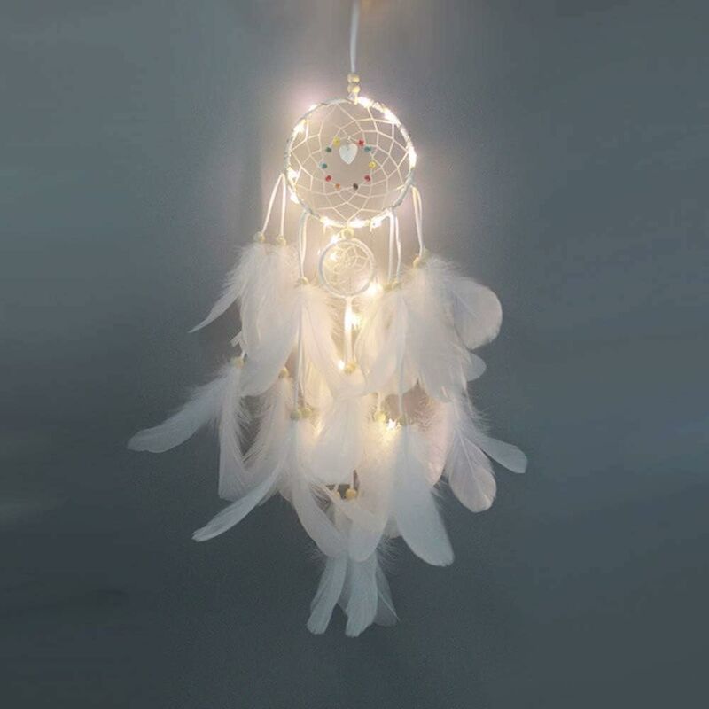

Atrapasueños de plumas con luz LED, decoración portátil hecha a mano, decoración, accesorio de fotografía blanco - Litzee