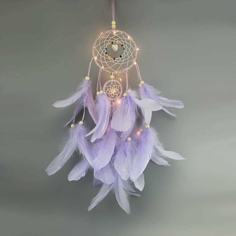 

Atrapasueños de plumas con luz LED, decoración portátil hecha a mano, decoración, accesorio de fotografía púrpura - Litzee