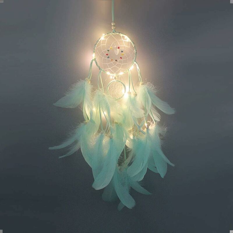 

Atrapasueños de plumas con luz LED, decoración portátil hecha a mano, decoración, accesorio de fotografía verde - Litzee