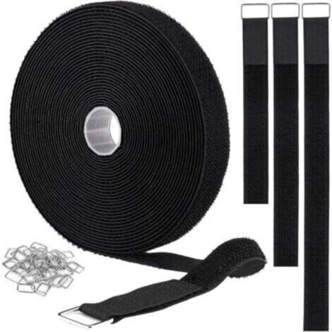 Attache-câble réutilisable en velcro noir 2,5 cm × 5 m avec 25 boutons métalliques – sans colle, réglable et robuste