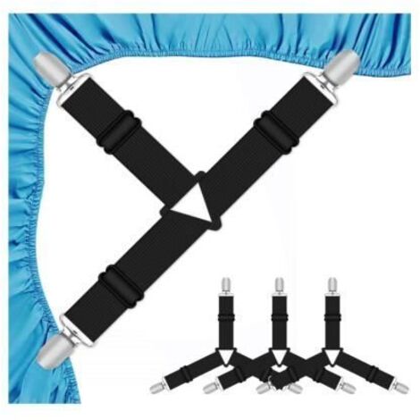 Attache Drap Housse - Aattache - Set de 4 Pièces - Élastiques Ajustables - Pinces Métalliques - Noir