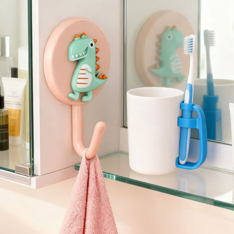 Attache Murale Adhésive - Patères Cartoon Dinosaure Rose - Plastique Éco-Responsable Durable - 1 Paire (3x5cm)