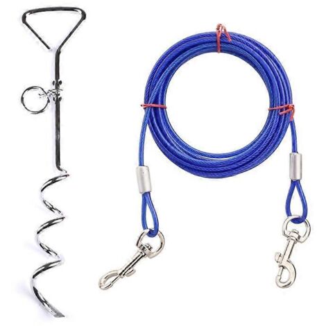 Attache pour chien avec piquet, câble en acier 10 mètres, pivot 360° antienchevêtrement, kit extérieur bleu, résistant à la rouille.