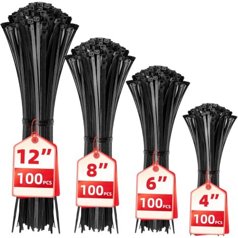Attaches Câbles - Nylon Auto-bloquantes 4 Tailles 10 cm 15 cm 20 cm 30 cm - Résistance 8 kg à 18 kg - Pour Bureau Jardin Atelier Intérieur Extérieur - Lot de 400