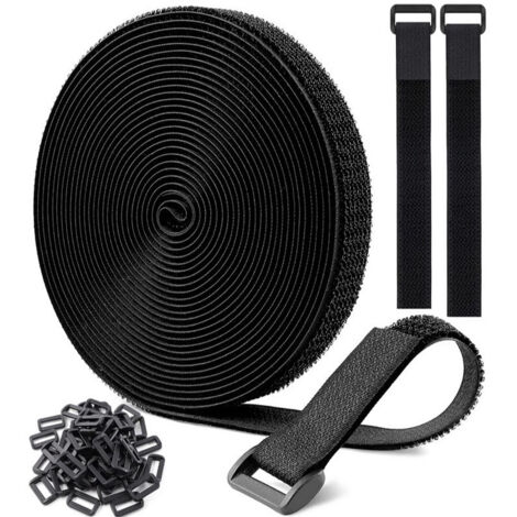 Attaches de câble réglables avec 20 boucles adhésives, attaches de câble réutilisables noires, sangles de fixation à boucles et crochets pour la gestion des câbles(2.0CM)