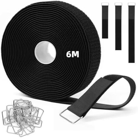 Attaches de Câble Réutilisables Réglables Noires, 6m x 3.8cm Sangle à Crochet Découpable la Longueur avec 25 Boutons Métalliques, Ajustables Pour Gestion des Câbles - Boucle en Métal