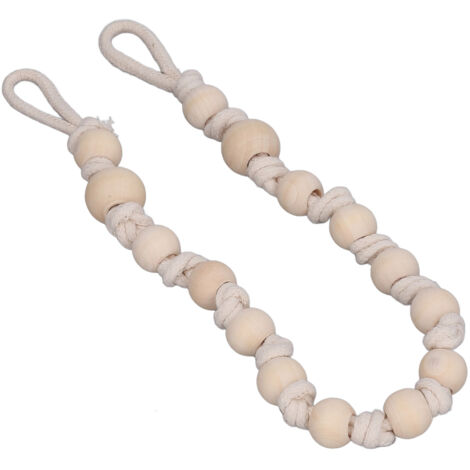 Attaches rideaux boho en bois naturel avec perles et corde coton beige, 55 cm - style bohème durable pour décoration fenêtre et salle de bain