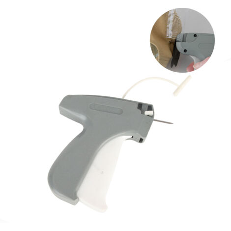 Attacheur d'étiquettes PVC pour vêtements avec kit comprenant 20 pinces et 5 pointes, couleur gris, 13x13x2.5cm, idéal pour boutiques et magasins.