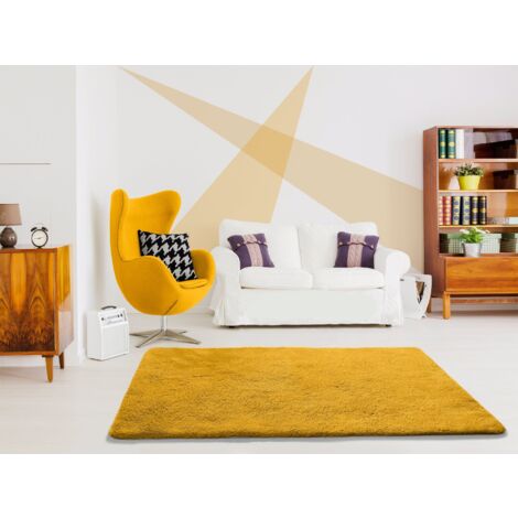 ATTICGO Tapis shaggy uni lavable en machine ALPACA Moutarde 60x100 cm