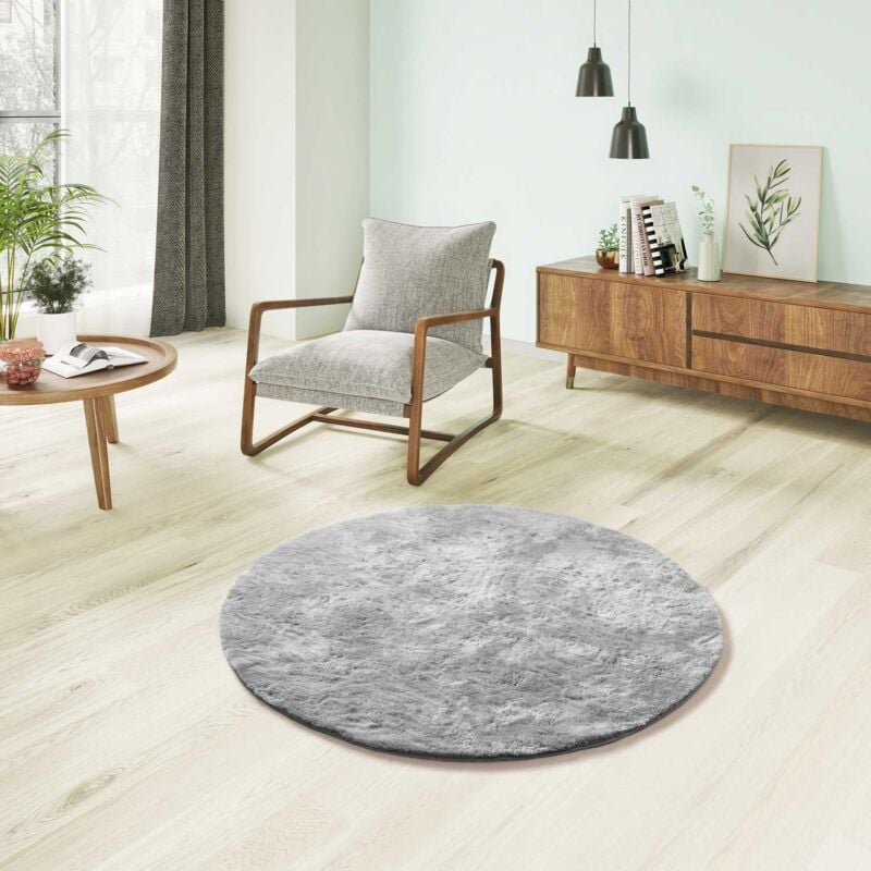 Atticgo - Tapis Rond shaggy uni toucher doux roma Argent Ø120 cm