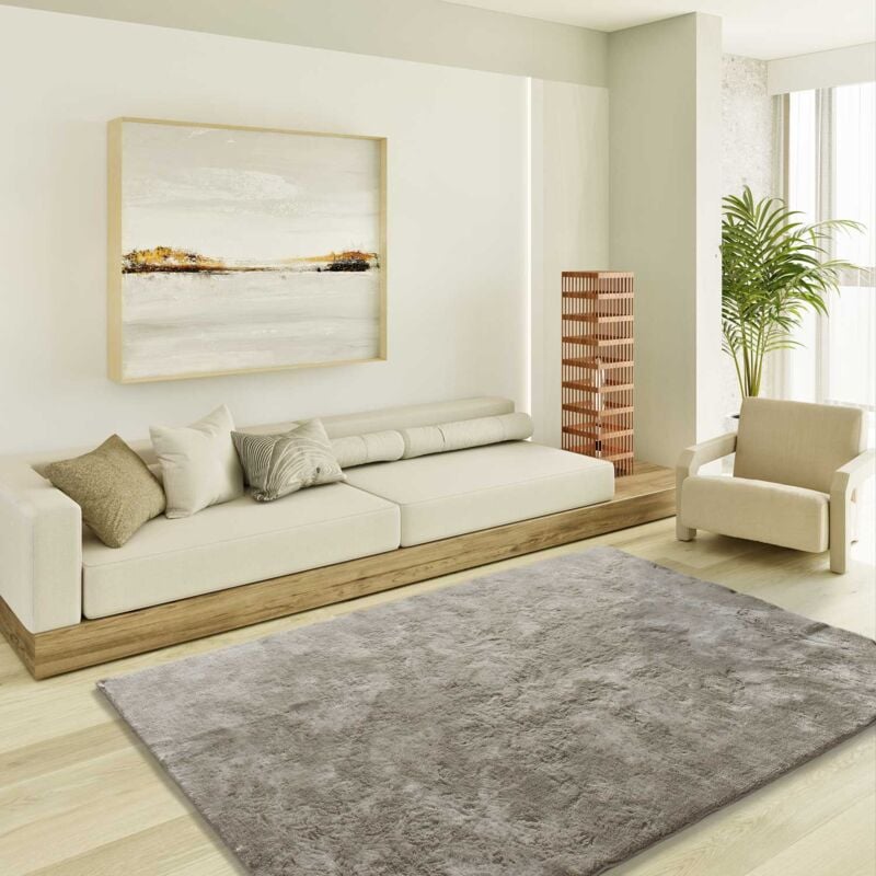 Atticgo - Tapis shaggy uni toucher doux roma Pierre 140x200 cm