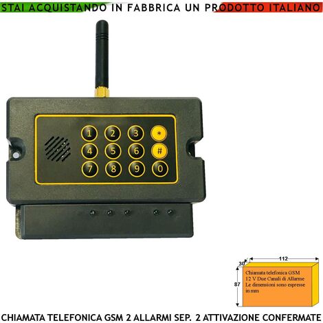 Attivatore GSM Chiama 20 Numeri su 2 Canali 2 Messaggi Voce Modulo Dual Band Attivazioni Confermate Telesoccorso Ascolto Ambientale Memorizza 32 Eventi Funzione Apriporta Password di Accesso e Blocco