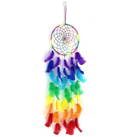 Attrape-rêve coloré fait main, arc-en-ciel traditionnel avec plumes suspendues, décoration murale bohème artisanale.