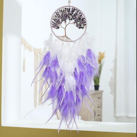 Attrape-rêves Arbre de Vie circulaire fait main avec plumes violettes