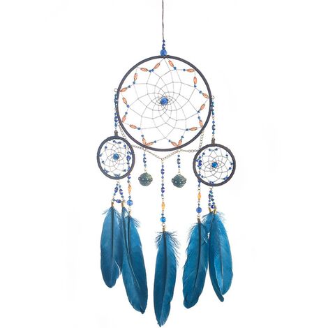 Attrape-rêves avec anneau de plumes, attrape-rêves artisanal pour décoration de chambre à coucher (bleu)