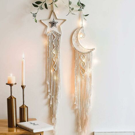 Attrape-rêves de lune Attrape-rêves étoiles avec lumières Décor de chambre de fille Décoration murale en macramé Attrape-rêves Décoration murale de fille avec lumière Boho Tapisserie Corde Art