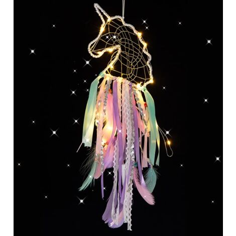 Attrape-rêves licorne LED attrape-rêves fait à la main attrape-rêves en plumes colorées avec lumières cadeaux pour filles décorations murales, ornements artisanat et accessoires de chambre à coucher-v