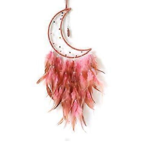 Attrape-rêves lune pour chambre à coucher, attrape-rêves plumes marron et rose pour adultes, attrape-rêves mural, cadeau porte-bonheur