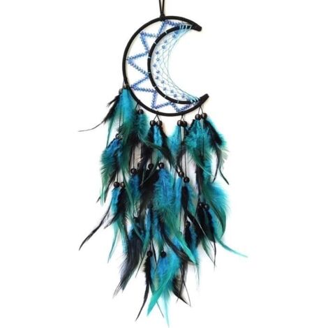 Attrape-rêves lune pour chambre à coucher,motif plumes noires et bleues,décoration d'intérieur,attrape-rêves pour décoration murale