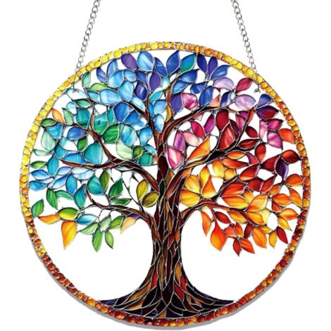 Attrape Soleil 20 x 20 cm, Arbre Coloré Suncatcher Acrylique avec Chaîne, Attrape-Soleil Capteur de Soleil Suspendu pour Chambre Salon Balcon Décoration Jardin Extérieur