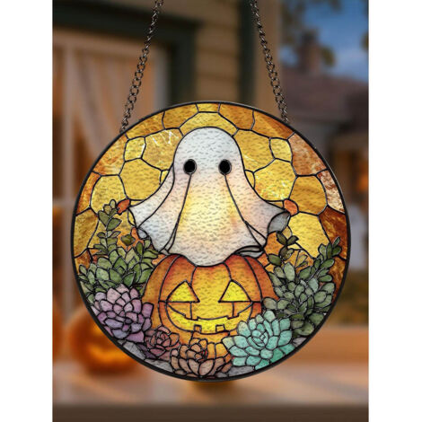 Attrape-soleil 30cm fantôme en vitrail, suspension citrouille pour Halloween