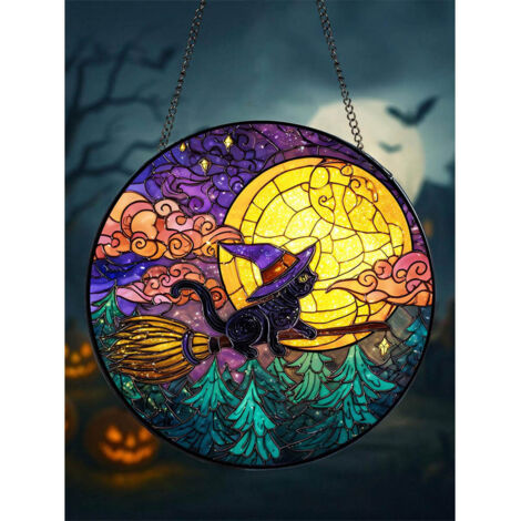 Attrape-soleil chat sorcière en vitrail, 20cm, suspension fenêtre Halloween