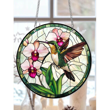 Attrape-soleil colibri orchidée 20 cm, décoration vitrail