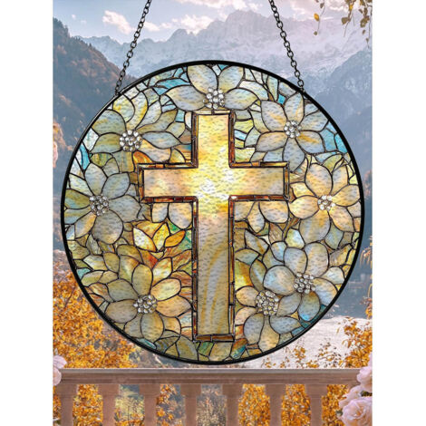 Attrape-soleil croix et feuille, suspension fenêtre en vitrail croix et fleur, décoration religieuse - 9cm