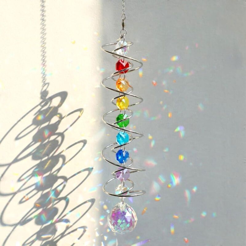Attrape-Soleil en Cristal 45cm avec Double Spirale - Carillons à Vent Décoratifs à Perles de Chakra - Capteur de Lumière Arc-en-Ciel pour