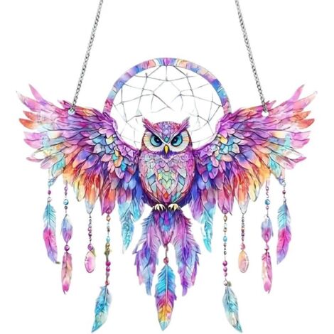 Attrape-soleil en forme de hibou, hibou en vitrail, ailes colorées, motif de plumes, reflets du soleil, couleurs vives, symbole spirituel décoratif, attrape-rêves pour la maison