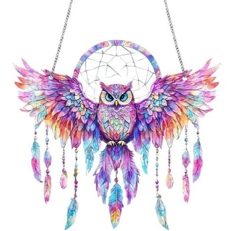 Attrape-soleil en forme de hibou, vitrail en forme de hibou, ailes colorées, motif plume, réflexion de la lumière du soleil, couleurs vives, symbole spirituel décoratif, attrape-rêves pour la maison