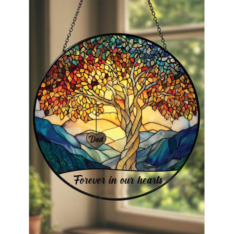 Attrape-soleil en vitrail 16cm arbre cœur, pour souvenir de proches disparus