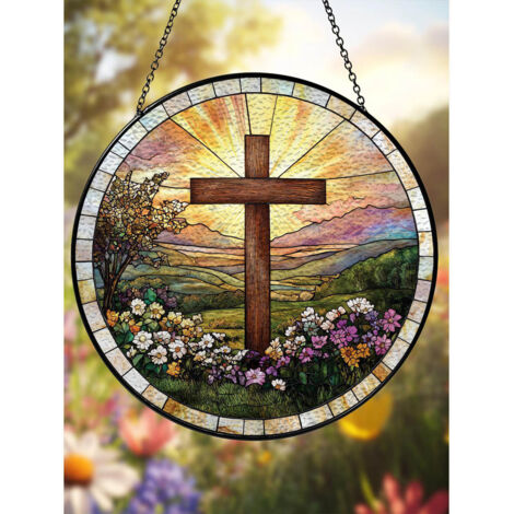 Attrape-soleil en vitrail 16cm croix décorative de fleurs, ornement chrétien pour fenêtre