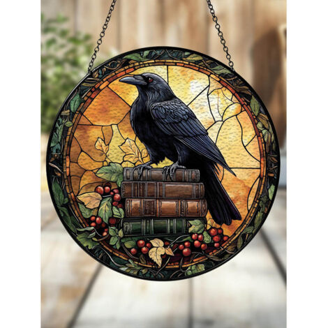 Attrape-soleil en vitrail corbeau et livres, décoration sombre style gothique académique 9cm