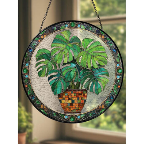 Attrape-soleil feuille de monstera en vitrail, 20cm, décoration fenêtre nature