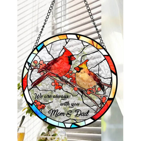 Attrape-soleil oiseau cardinal couple 20 cm, décoration vitrail