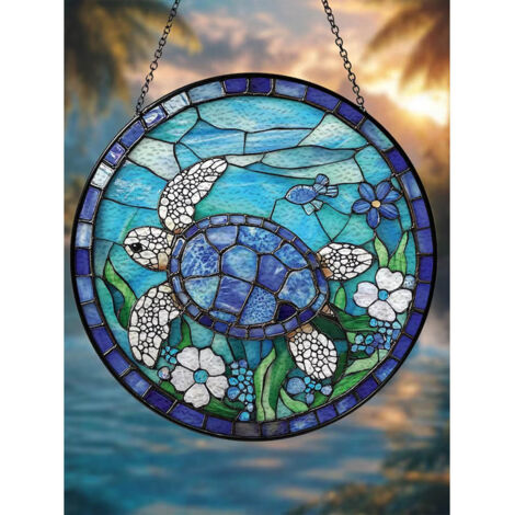 Attrape-soleil tortue et fleurs 20 cm, décoration vitrail océan