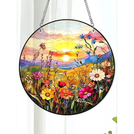 Attrape-soleil vitrail fleurs sauvages 9 cm, décoration fenêtre, vitrail florale