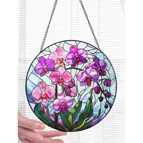 Attrape-soleil vitrail orchidée 30 cm, décoration florale, fenêtre vitrail